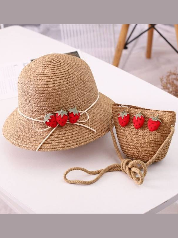 Girls Strawberry Straw Hat with Matching Purse