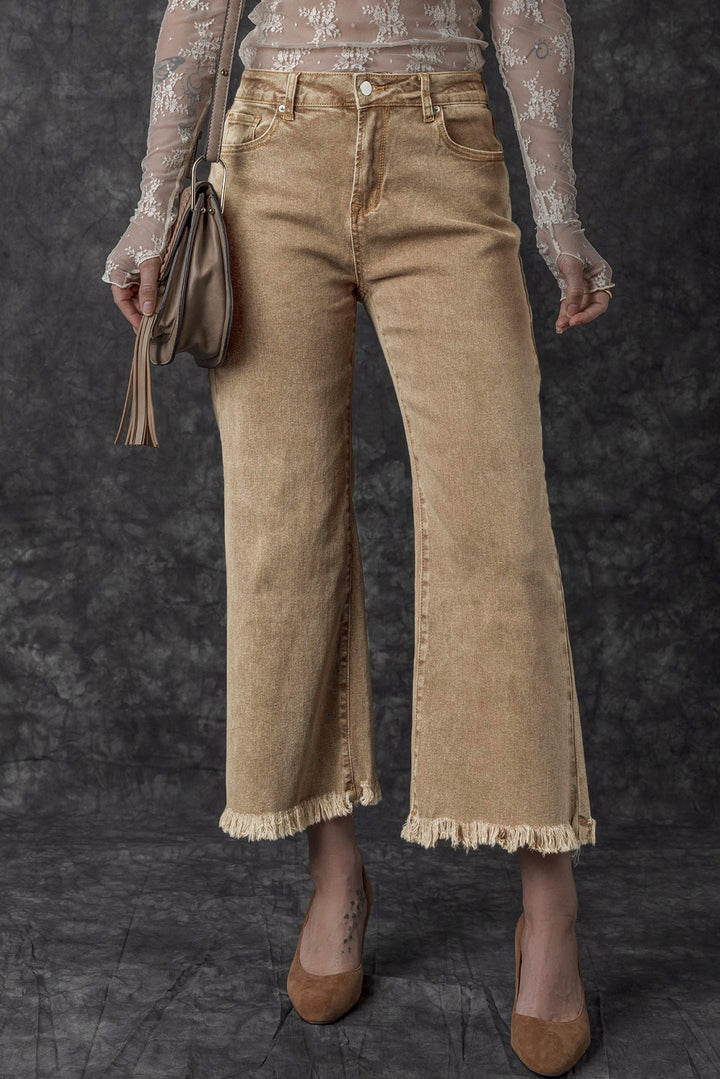 Womens French Beige Acid Washed High Rise Cropped Wide Leg Jeans