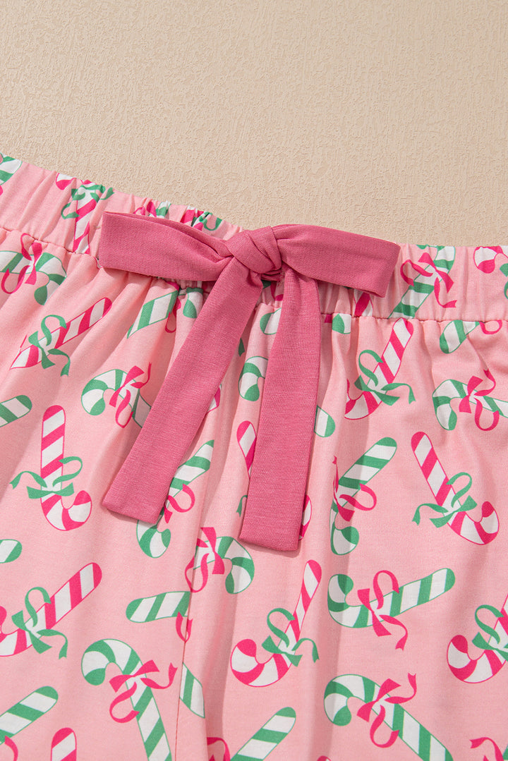 Womens Pink Christmas Candy Cane Print Pocketed Knotted Pajama Set