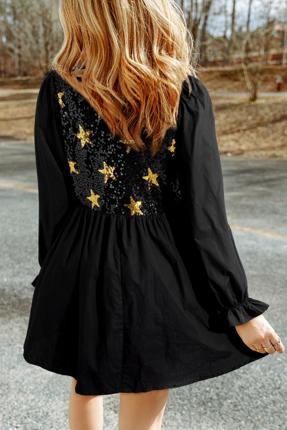 Womens Black Sequined Stars Flounce Sleeve Ruffled Babydoll Dress