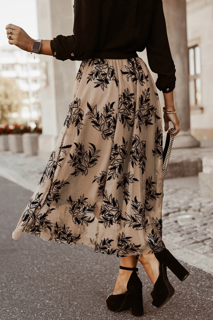 Womens Elegant Blackl Leaves Embroidered High Waist Maxi Skirt