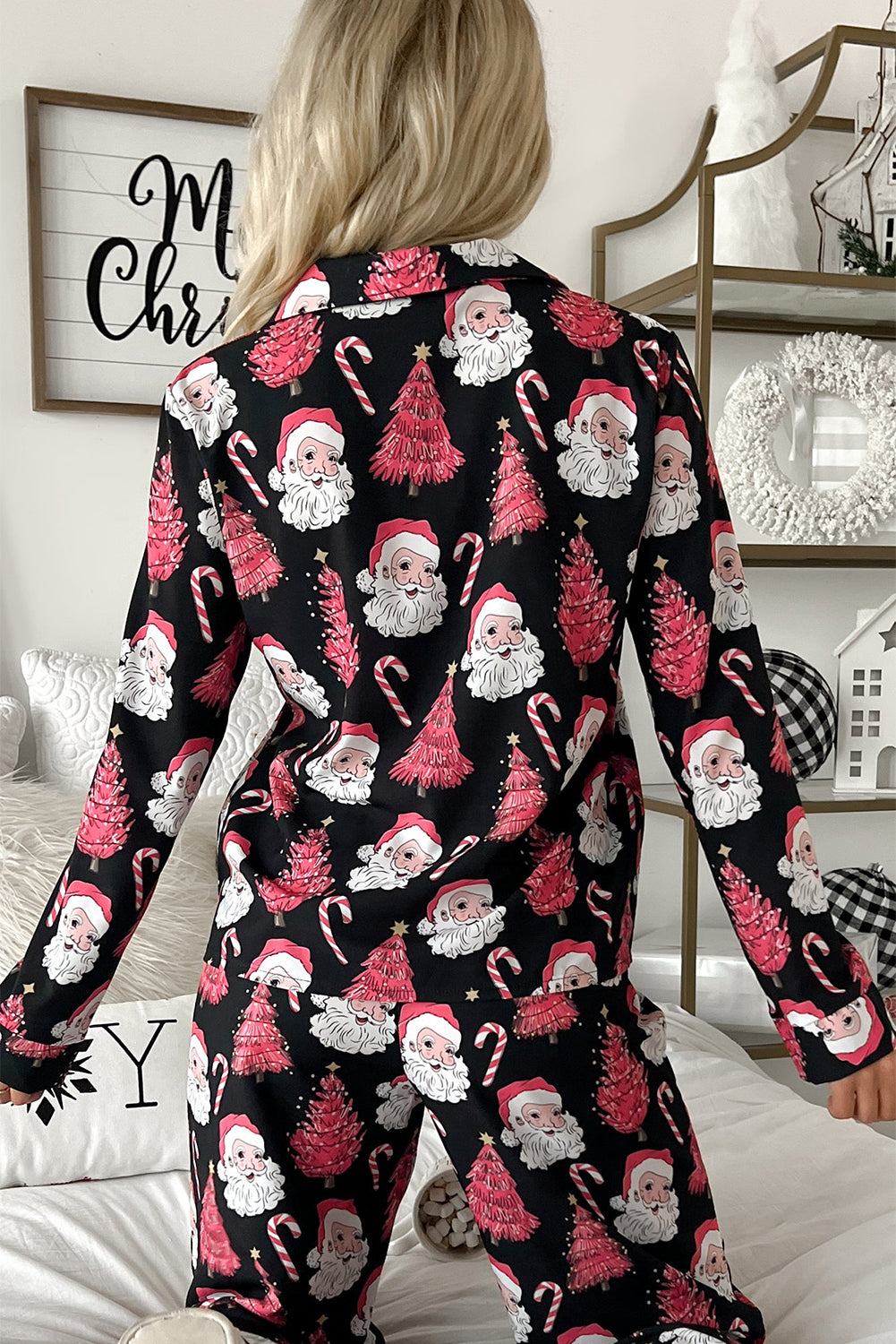 Womens Christmas Santa Printed Two Piece Pajamas Set