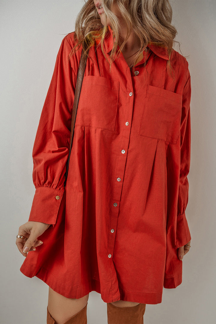 Womens Tomato Red Bishop Sleeve Button Up Pleated Mini Shirt Dress