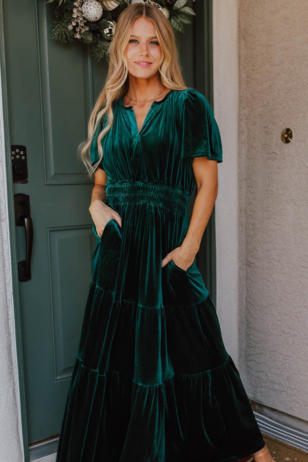 Womens Emerald Velvet Winter Wonder Maxi Dress with Puff Sleeves