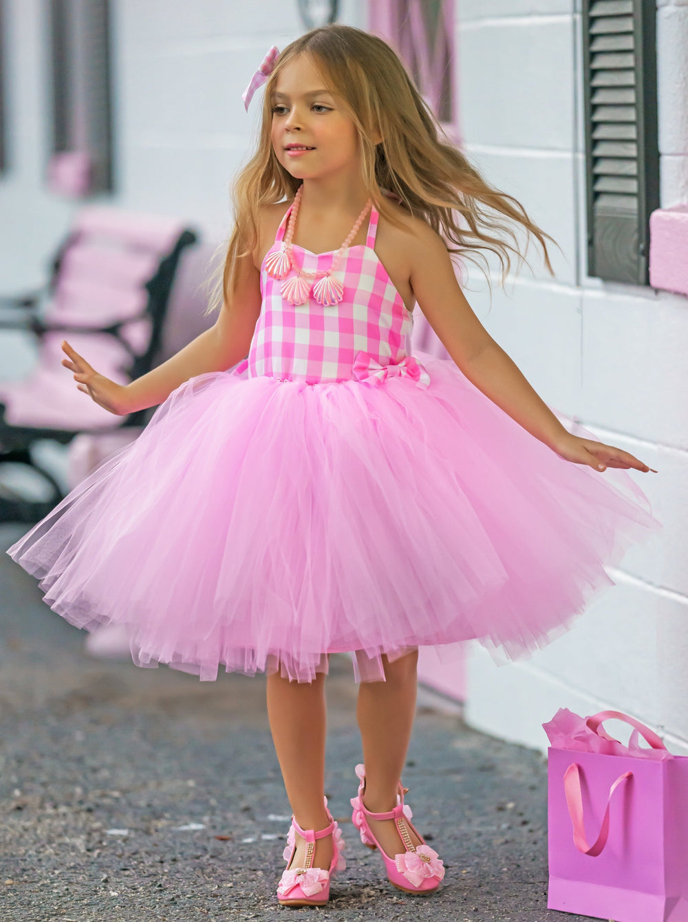 Mia Belle Girls Pink Gingham Barbie Inspired Tutu Halloween Costume