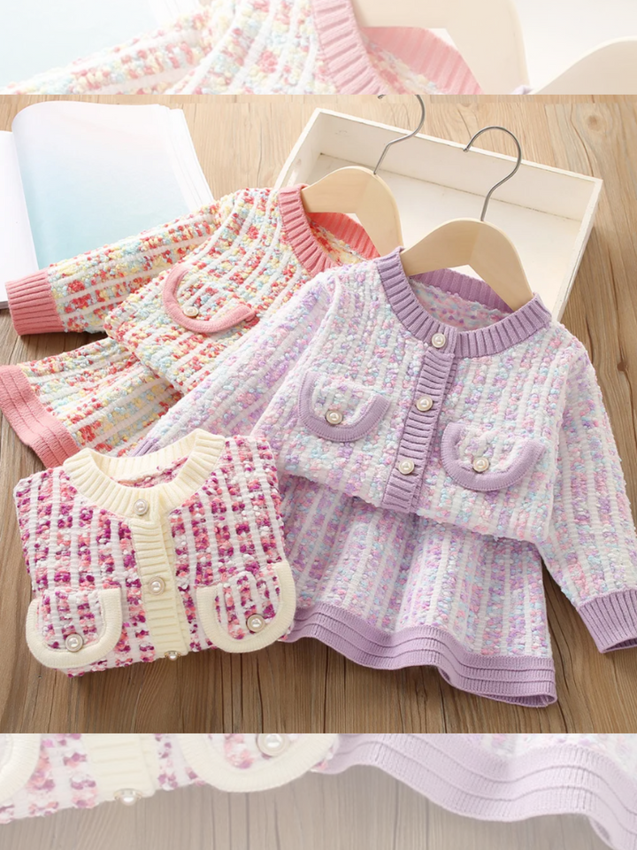 Charming Knit Pocket-Detail Girls' Jacket and Skirt Set