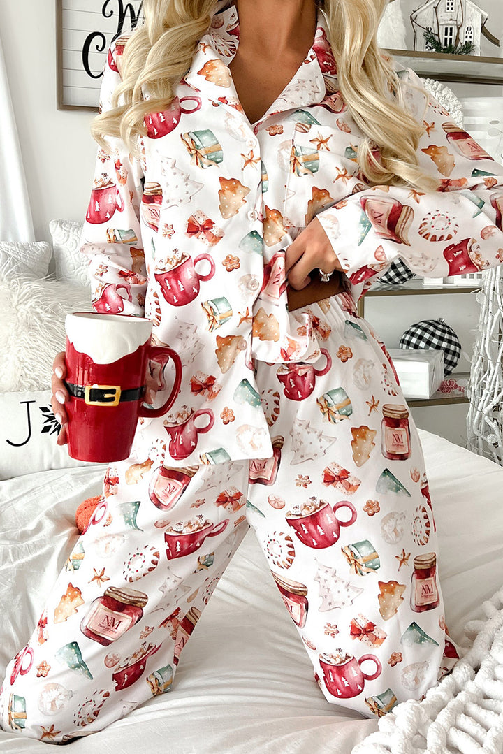 Womens White Christmas Pattern Long Sleeve Shirt and Pants Pajama Set