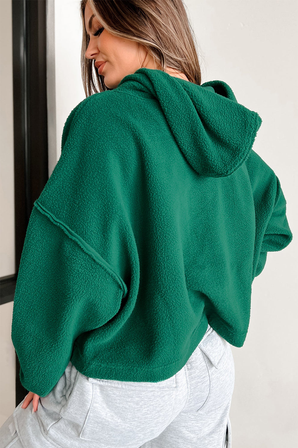 Womens Dark Green Sherpa Fleece Drop Shoulder Hoodie