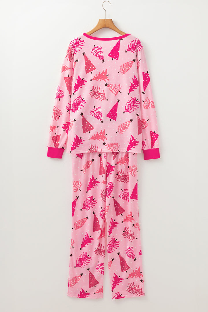 Womens Pink Christmas Tree Print V Neck Pajama Set