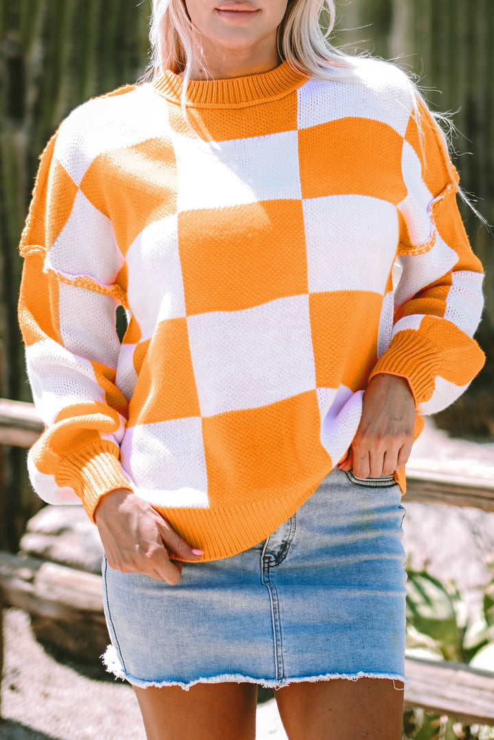 Orange karierter Pullover mit Bischofsärmeln