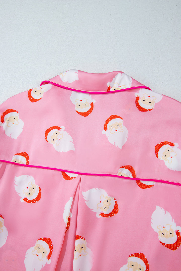 Womens Pink Satin Christmas Santa Claus Pajama Set