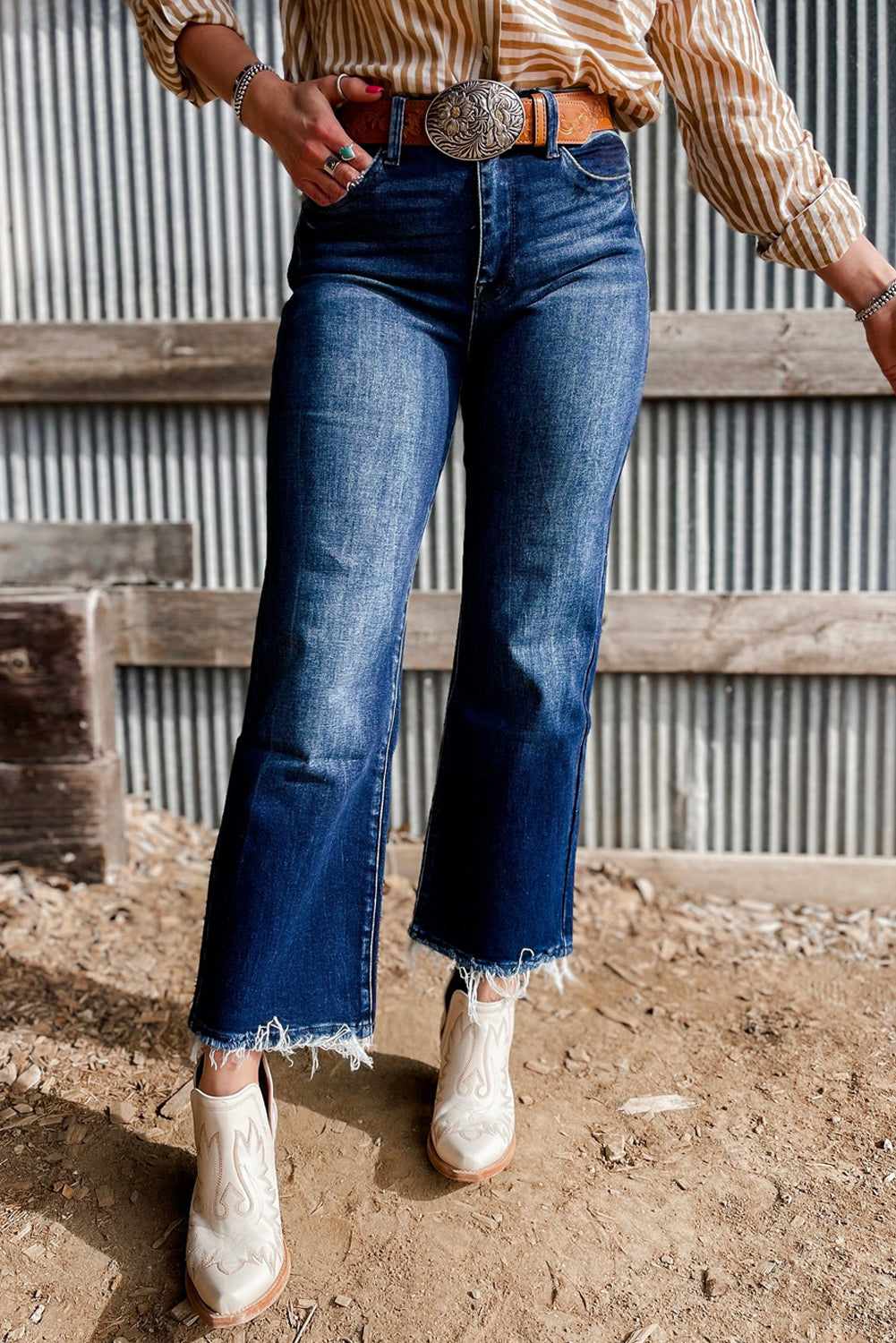 Womens High-Rise Vintage Flare Denim with Frayed Hem