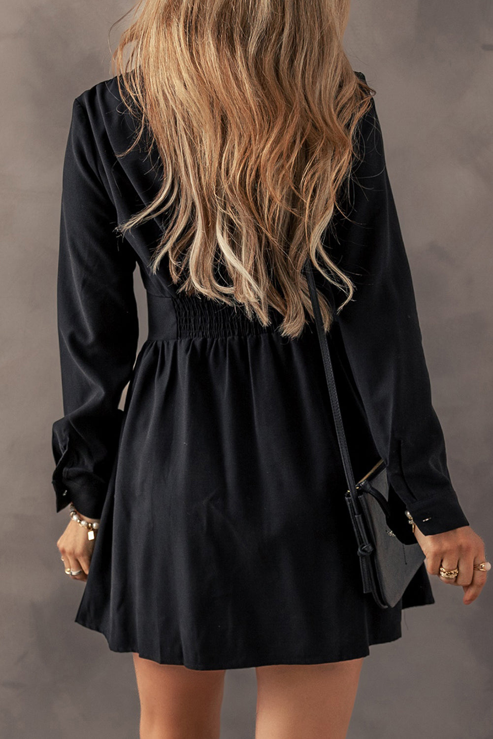 Womens Black Elastic Cinched High Waist Long Sleeve Shirt Mini Dress