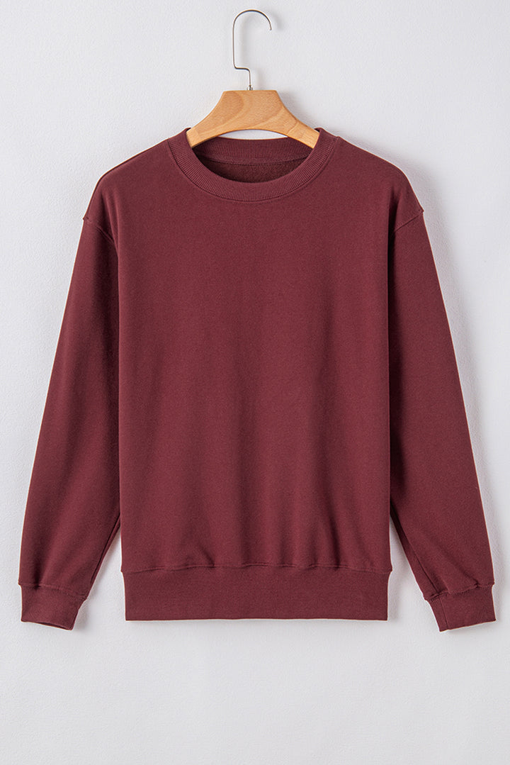 Womens Burgundy Plain Drop Shoulder Crewneck Pullover Sweatshirt