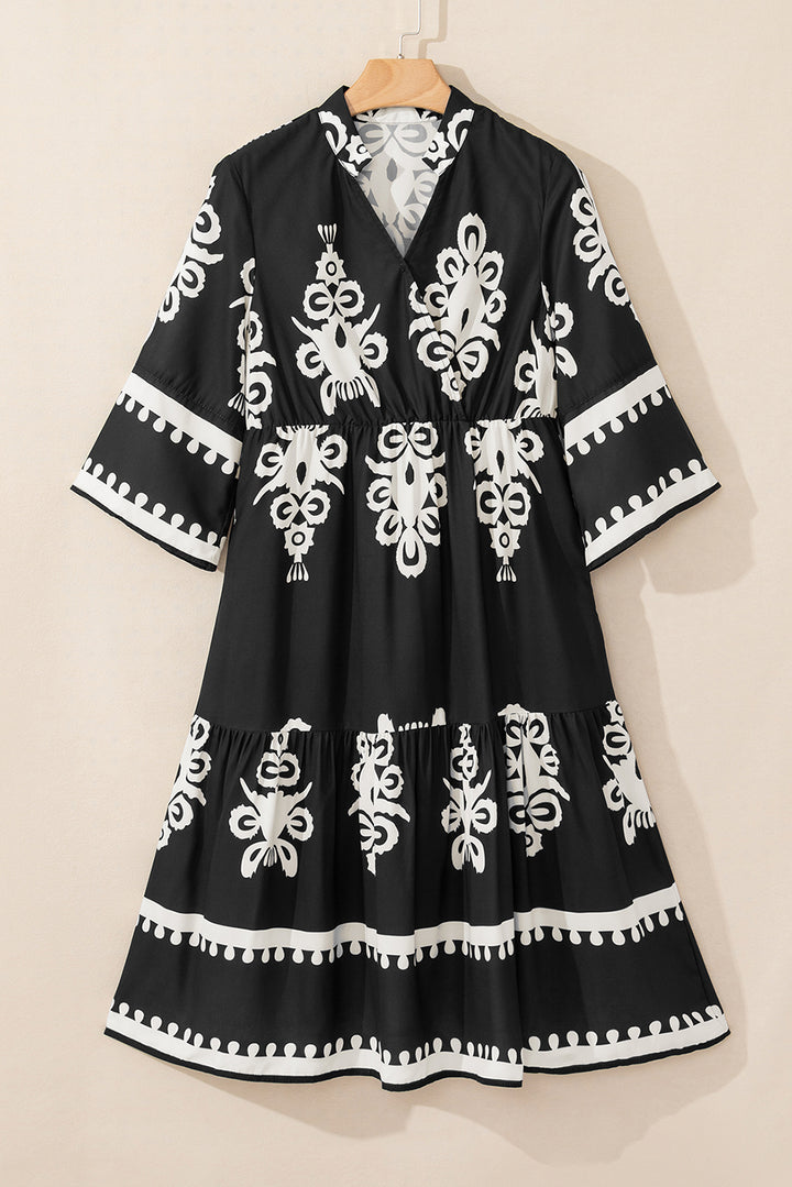 Womens Black Western Geometric Print 3/4 Sleeve Loose Midi Dress