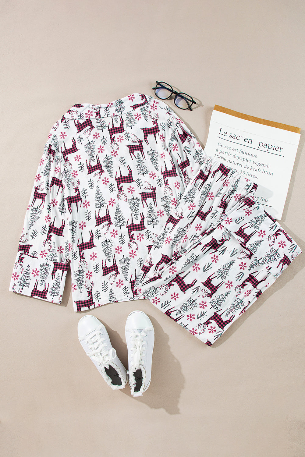 Womens White Christmas Printed Shirt and Pants Pajama Set