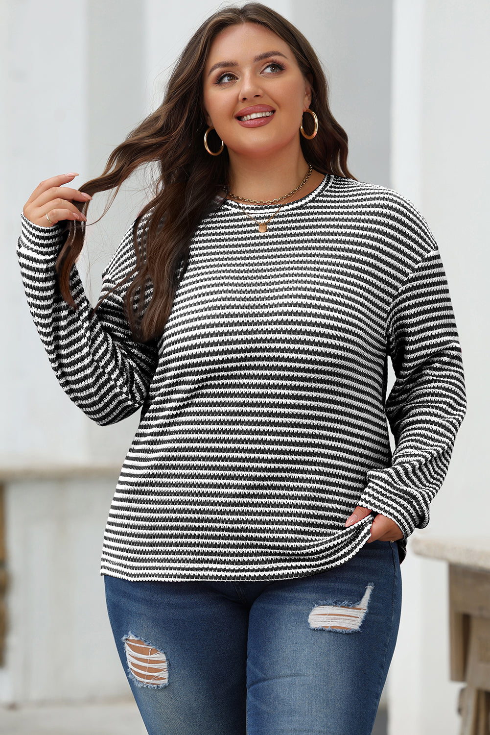 Womens Black Striped Round Neck Drop Shoulder Long Sleeve Top