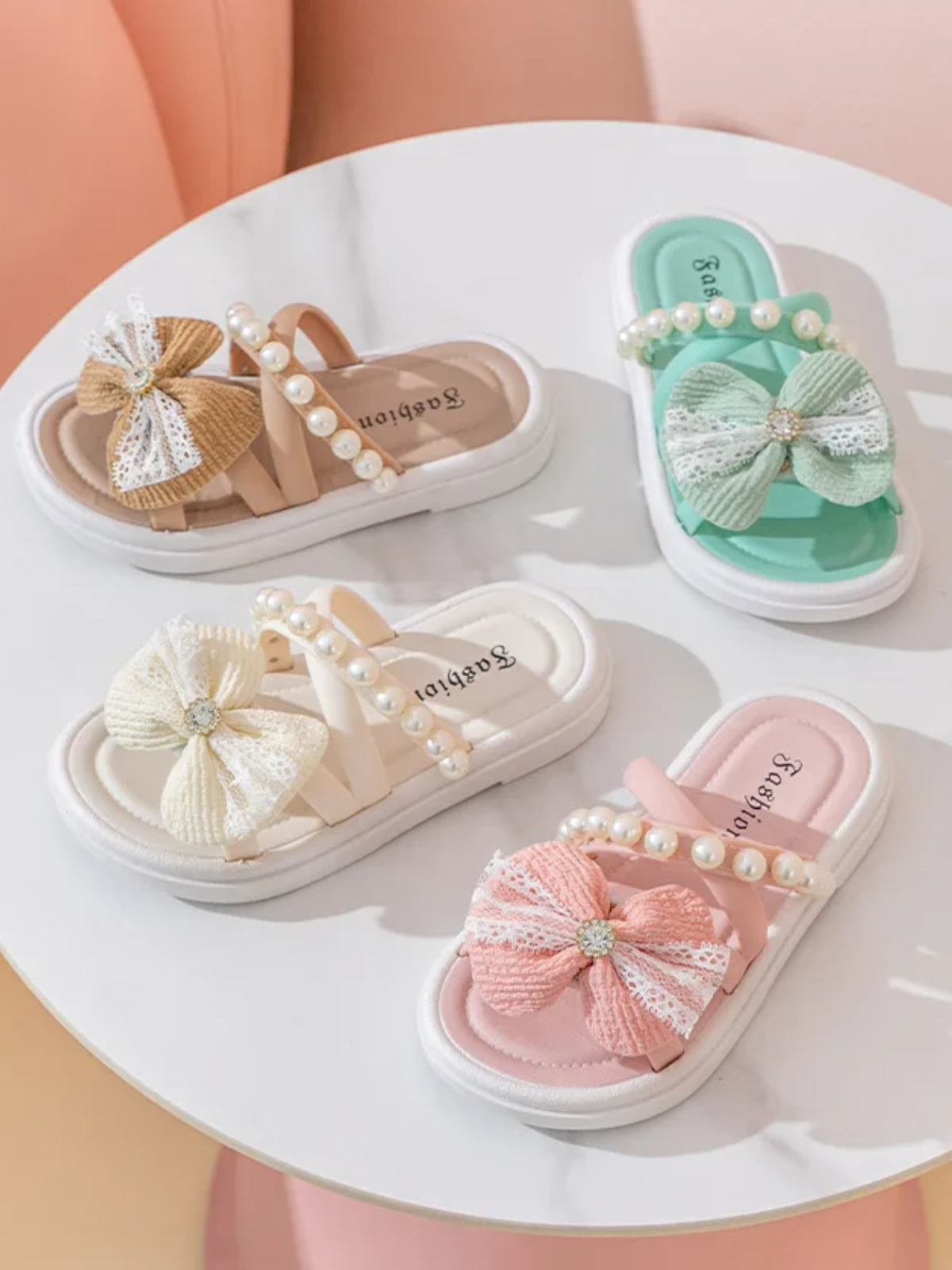Summer Sparkle Kids' Slide Sandals with Pearl and Bow Accents By Liv and Mia