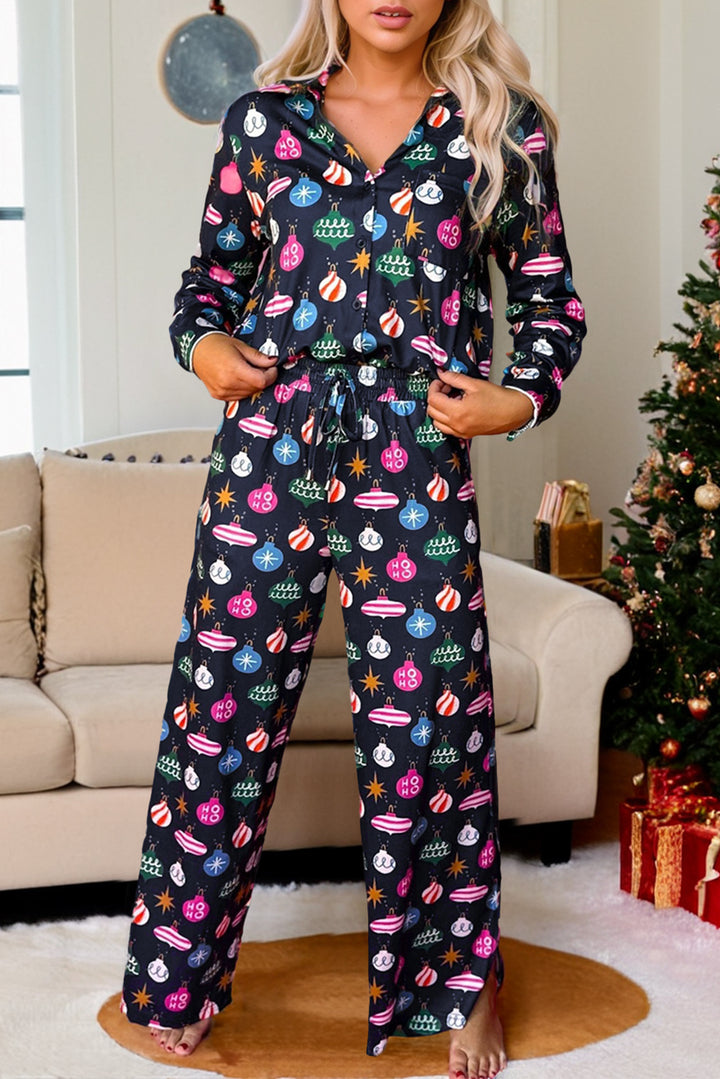 Womens Navy Blue Colorful Christmas Lights Print Shirt and Pants Pajama Set