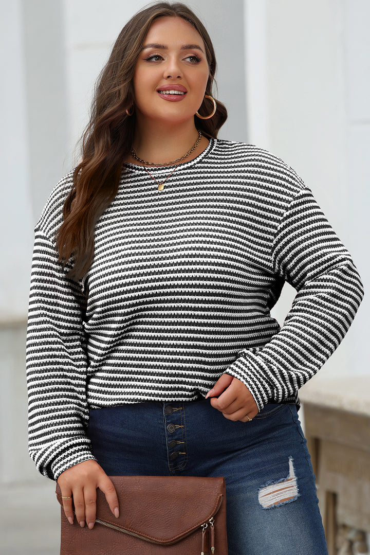 Womens Black Striped Round Neck Drop Shoulder Long Sleeve Top