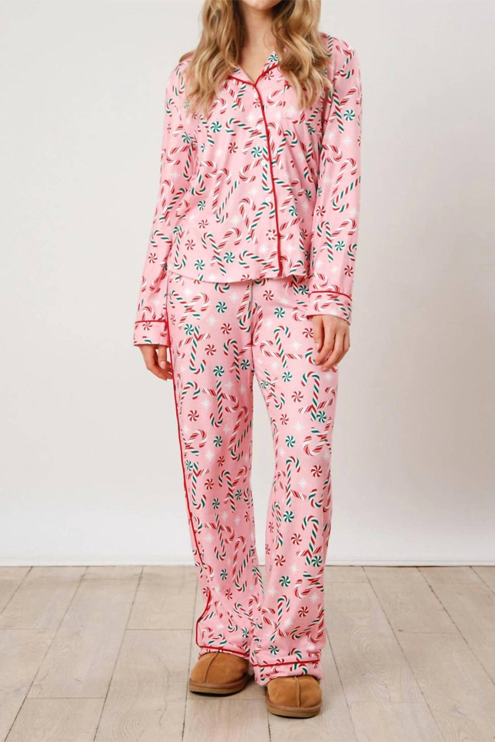 Womens Pink Christmas Candy Cane Print Lapel Collar Shirt and Pants Two Piece Pajamas Set