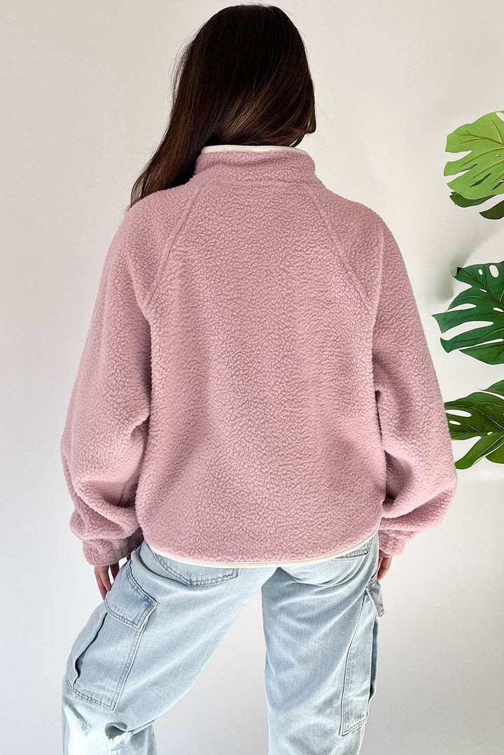 Womens Pink Half Button Plush Sweatshirt