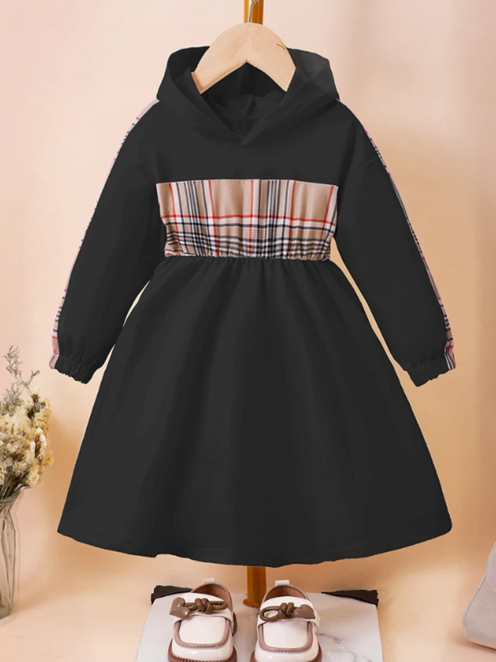 Girls' Stylish Black Plaid Hooded Dress    | preppy clothes, preppy clothing, preppy brands, preppy girl, preppy clothing, baby girl fall outfits, girls fall outfits, fall outfits for baby gir, fall dress, baby girl fall clothes