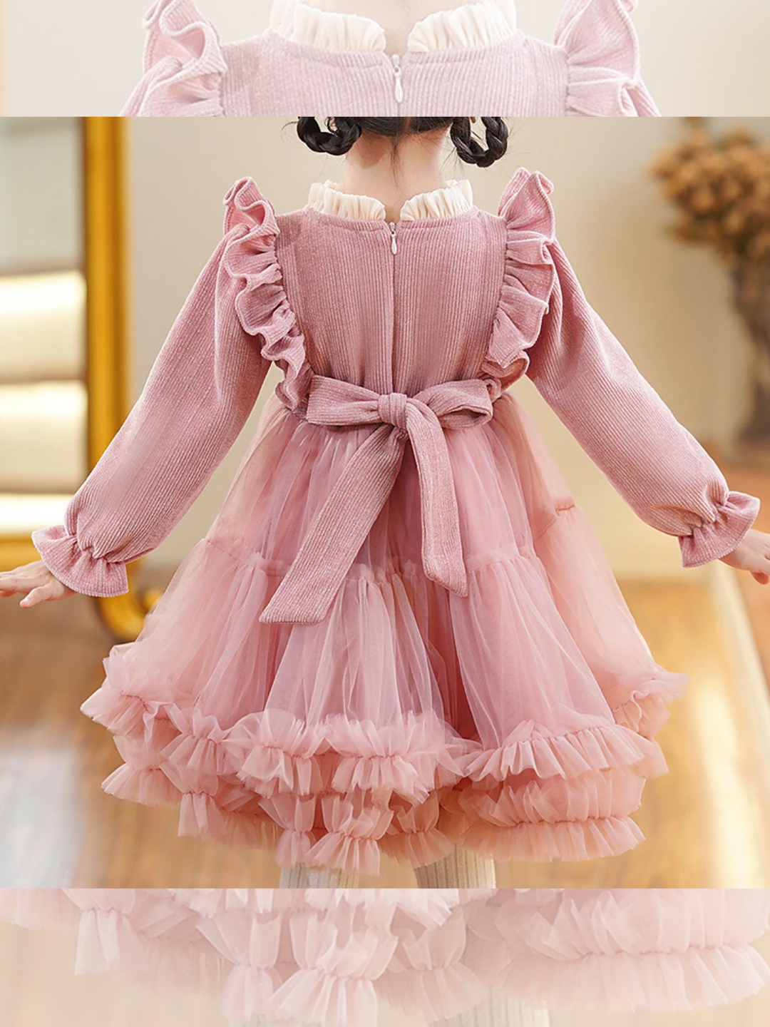 Girls Elegant Fluffy Mesh Dress with Ruffles and Bow Accents