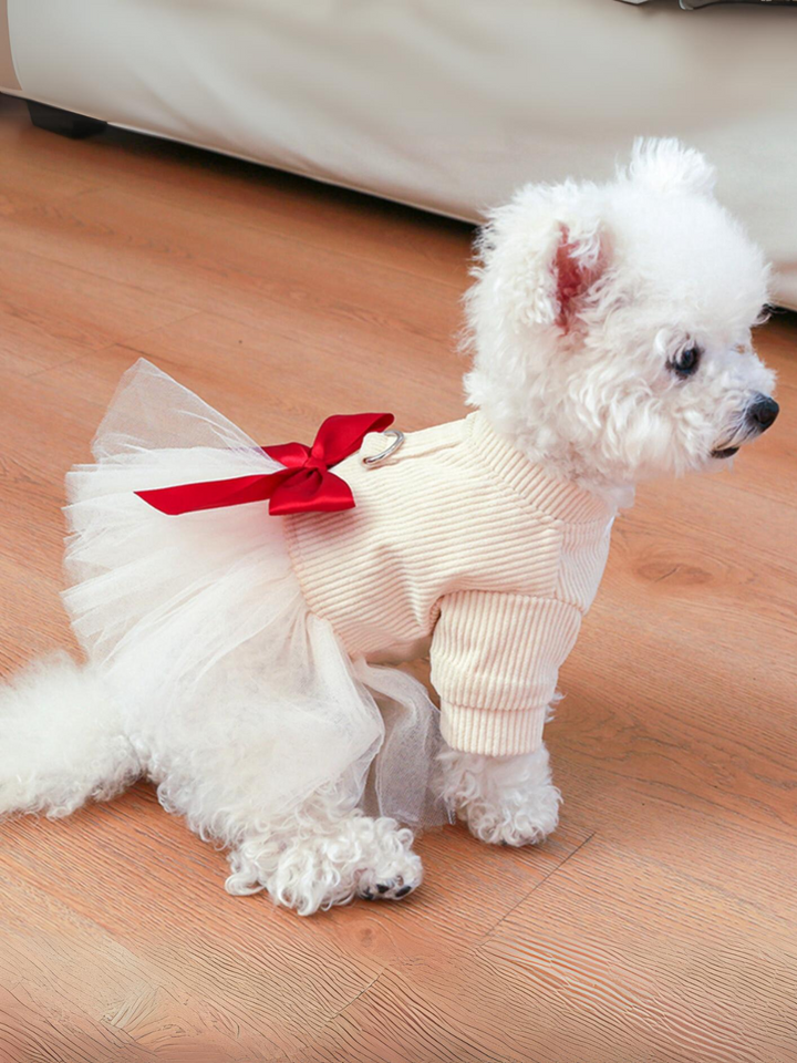 Winter Warm Dog Girls Sweater Dress with Bowtie Tutu Skirt and D Leash Ring