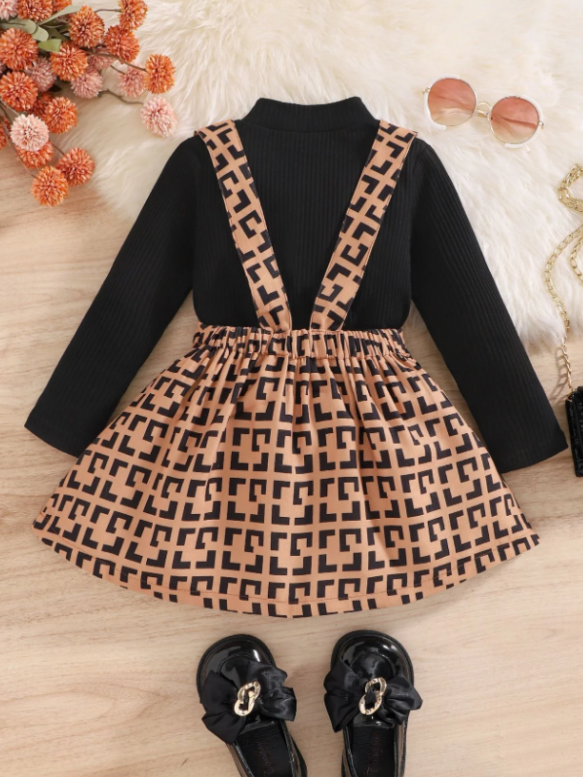 Elegant Girls' Dress Set with Patterned Skirt and Long-Sleeve Top