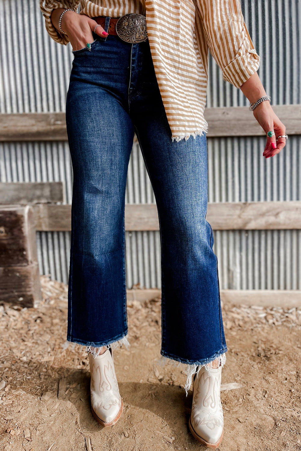 Womens High-Rise Vintage Flare Denim with Frayed Hem