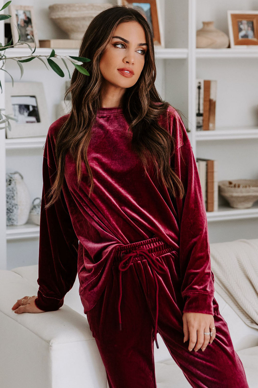 Womens Luxurious Burgundy Velvet Two-Piece Lounge Set