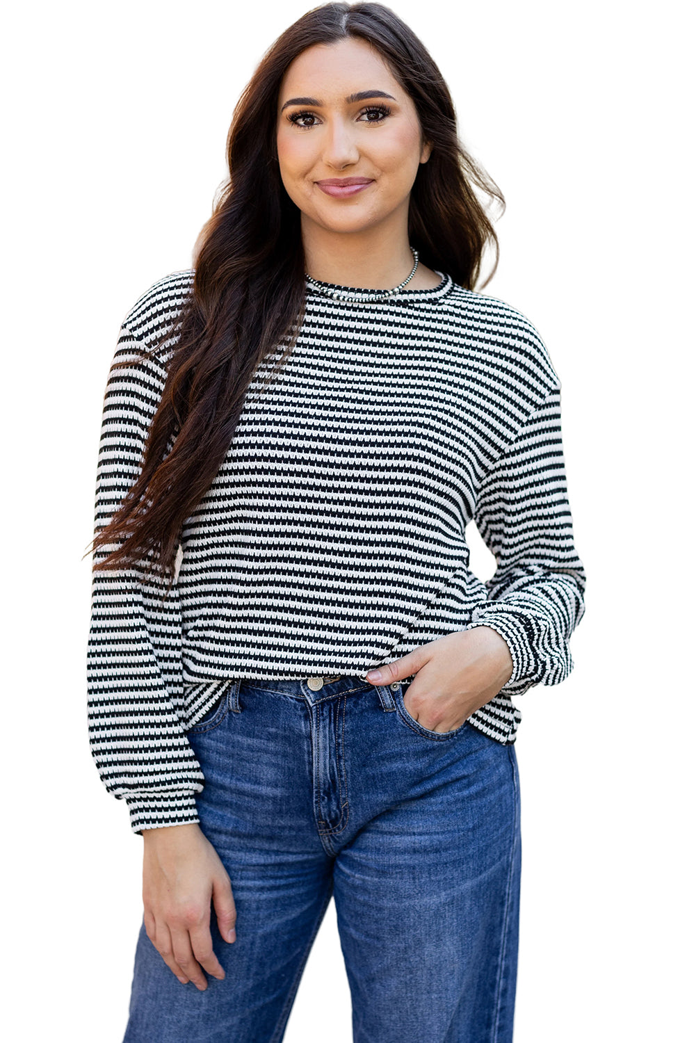 Womens Black Striped Round Neck Drop Shoulder Long Sleeve Top