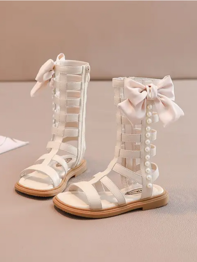 Adorable Girls' Bow-Embellished Gladiator Sandals with Pearls By Liv and Mia