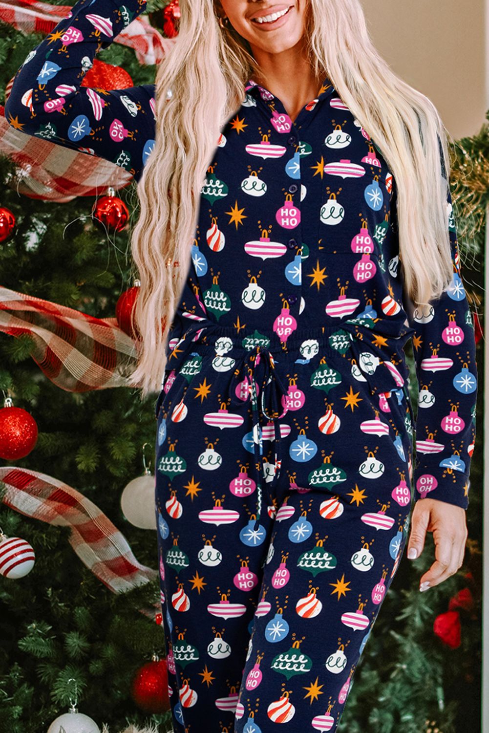 Womens Navy Blue Colorful Christmas Lights Print Shirt and Pants Pajama Set