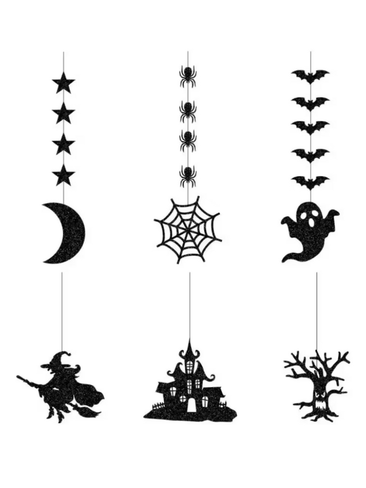 6pcs Spooky Witch, Ghost, Spider, Bat Halloween Hanging Banner Set