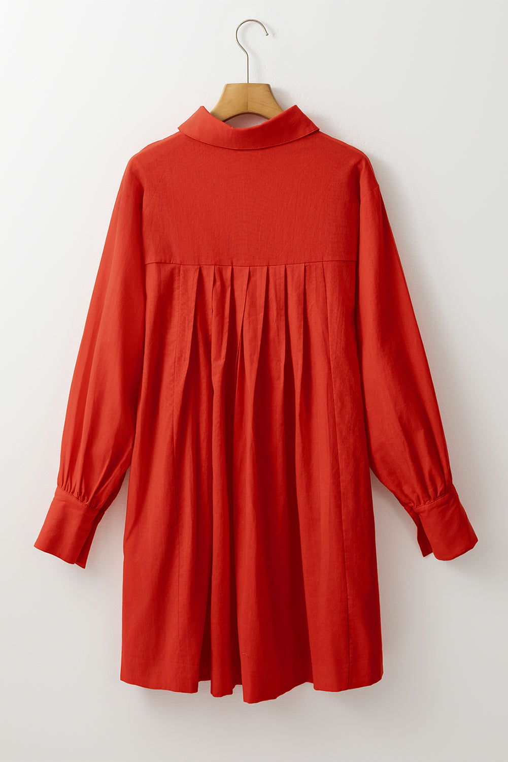 Womens Tomato Red Bishop Sleeve Button Up Pleated Mini Shirt Dress