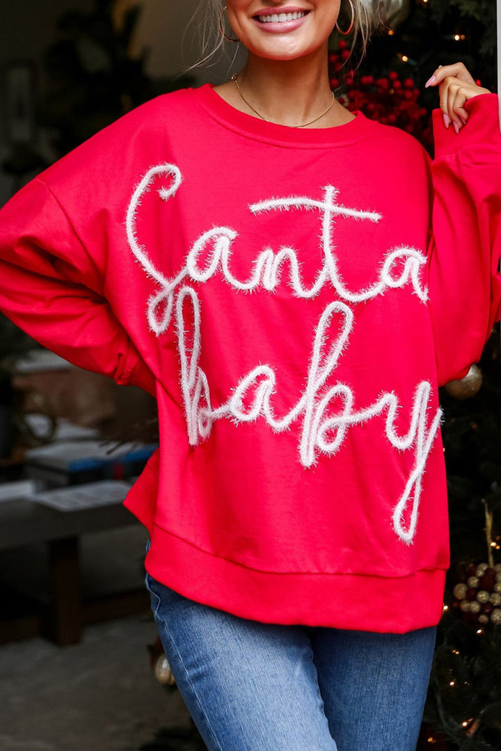 Womens Red Christmas Santa Baby Tinsel Graphic Sweatshirt