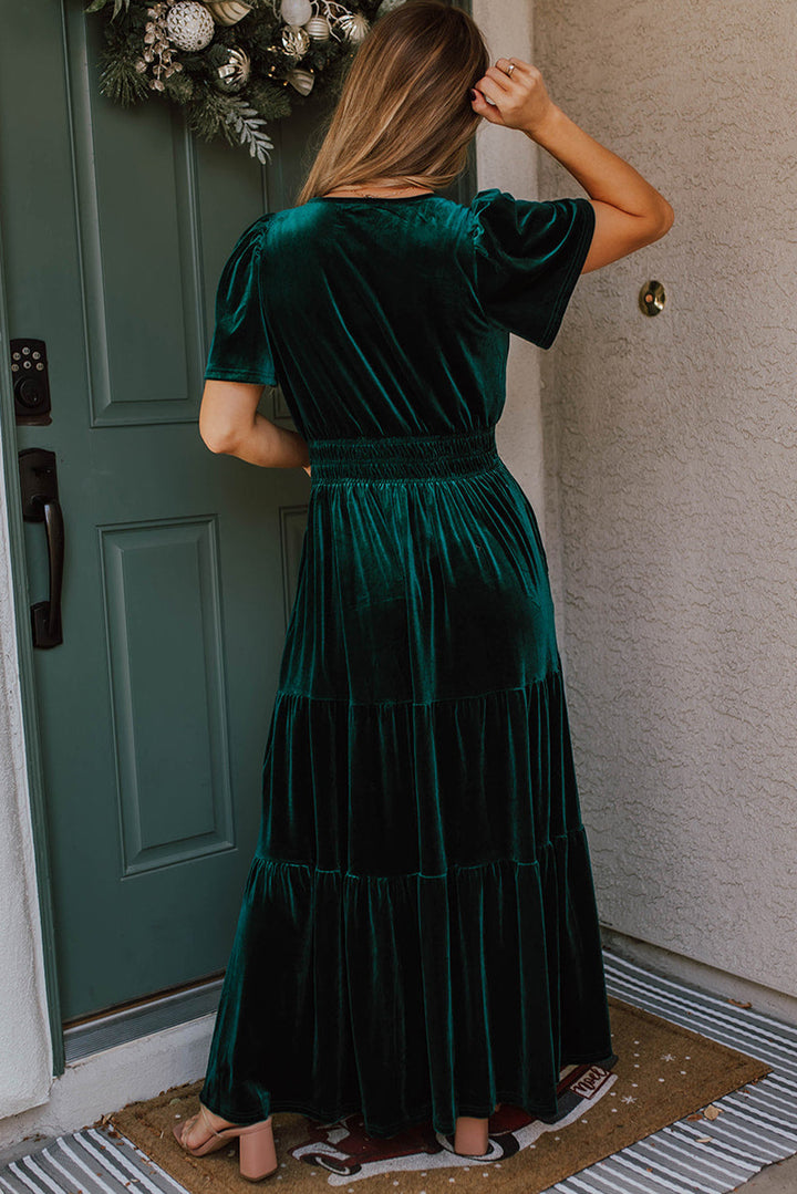 Womens Emerald Velvet Winter Wonder Maxi Dress with Puff Sleeves