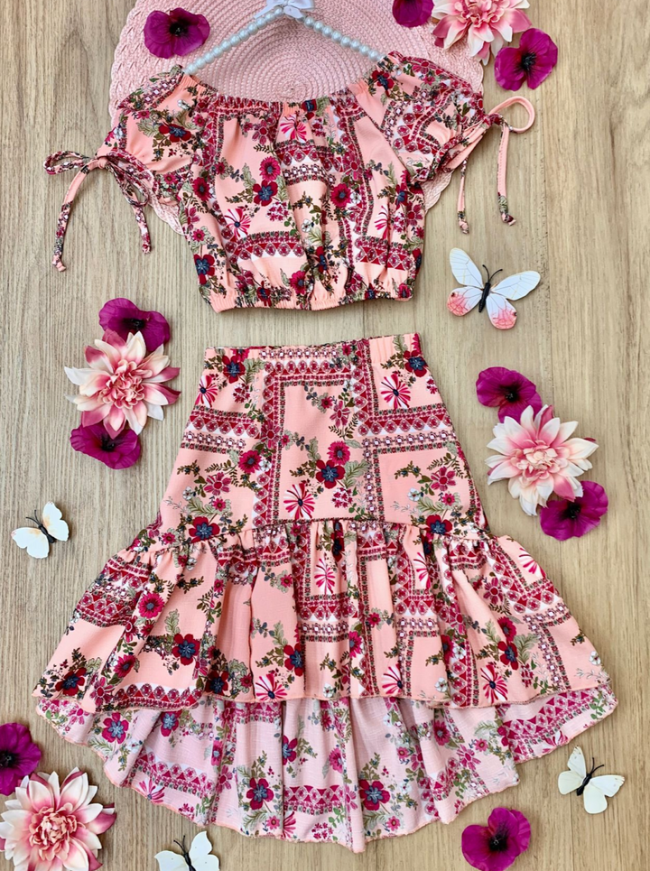 Cute Spring Outfits | Girls Floral Patchwork Top & Hi-Lo Skirt Set