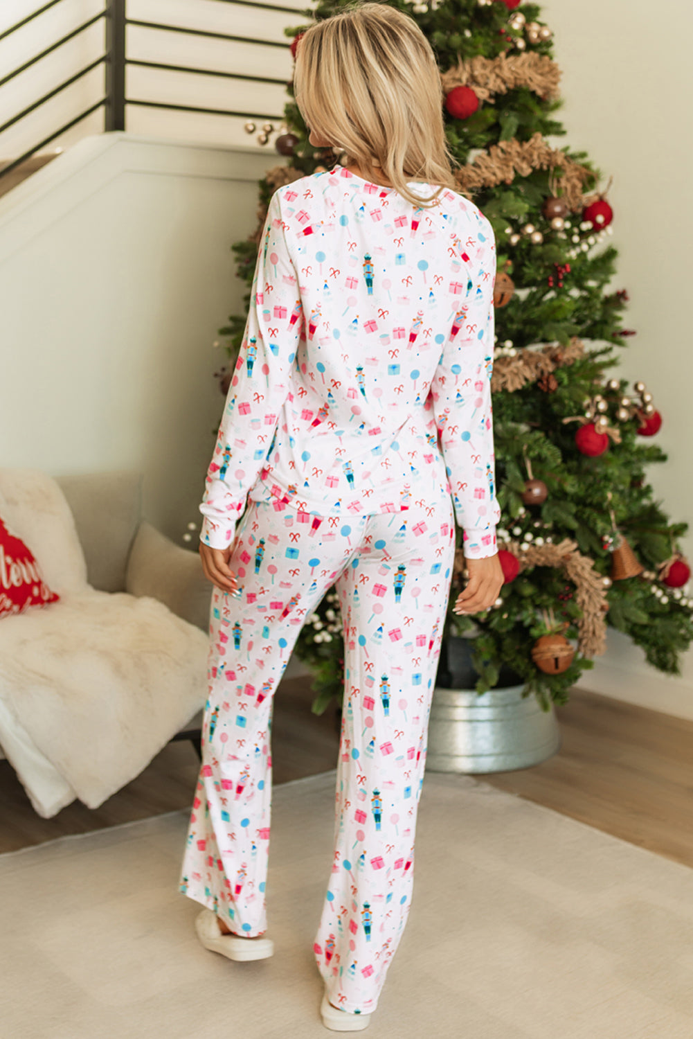 Womens White Christmas Pattern Long Sleeve Top and Wide Leg Pants Set