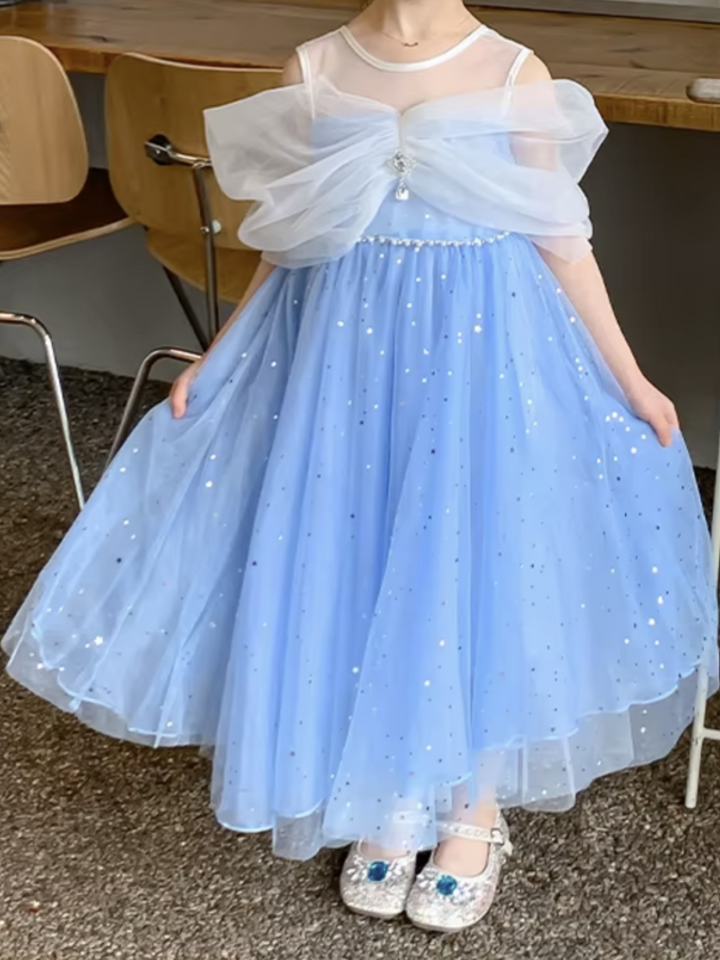 Girls Princess Starry Tulle with Pearl and Bow Detail Dress