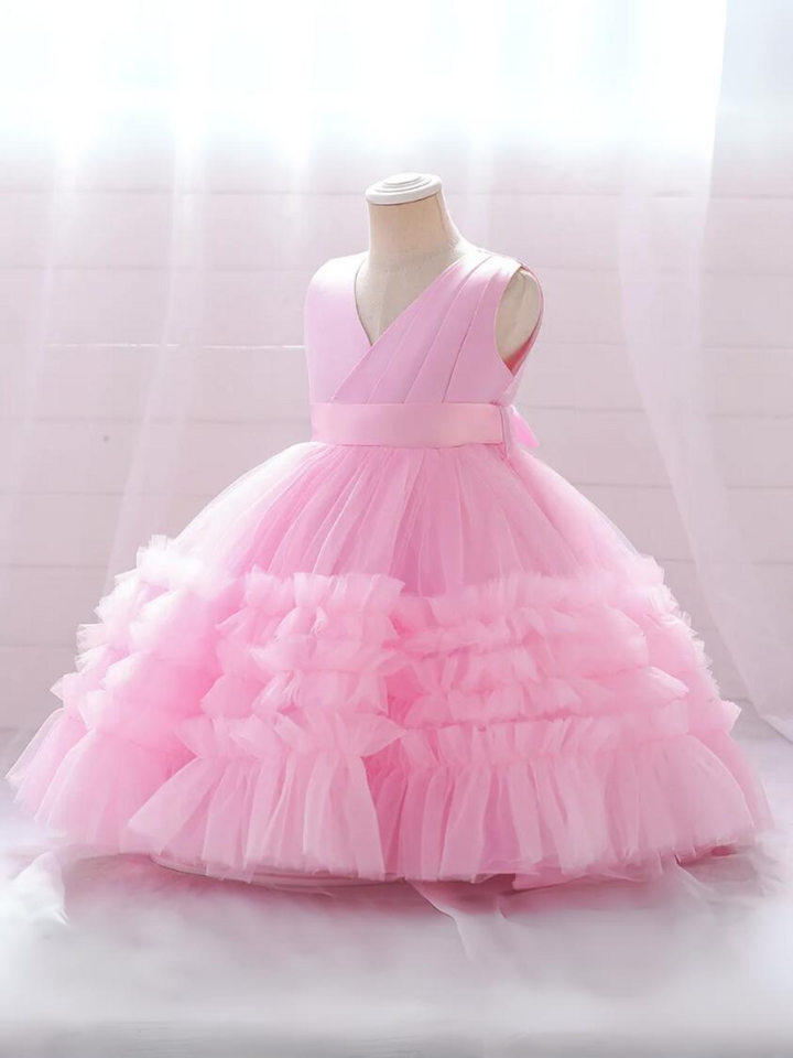 Mia Belle Girls Pink Ruffle Tulle Gown | Girls Spring Formal Dresses