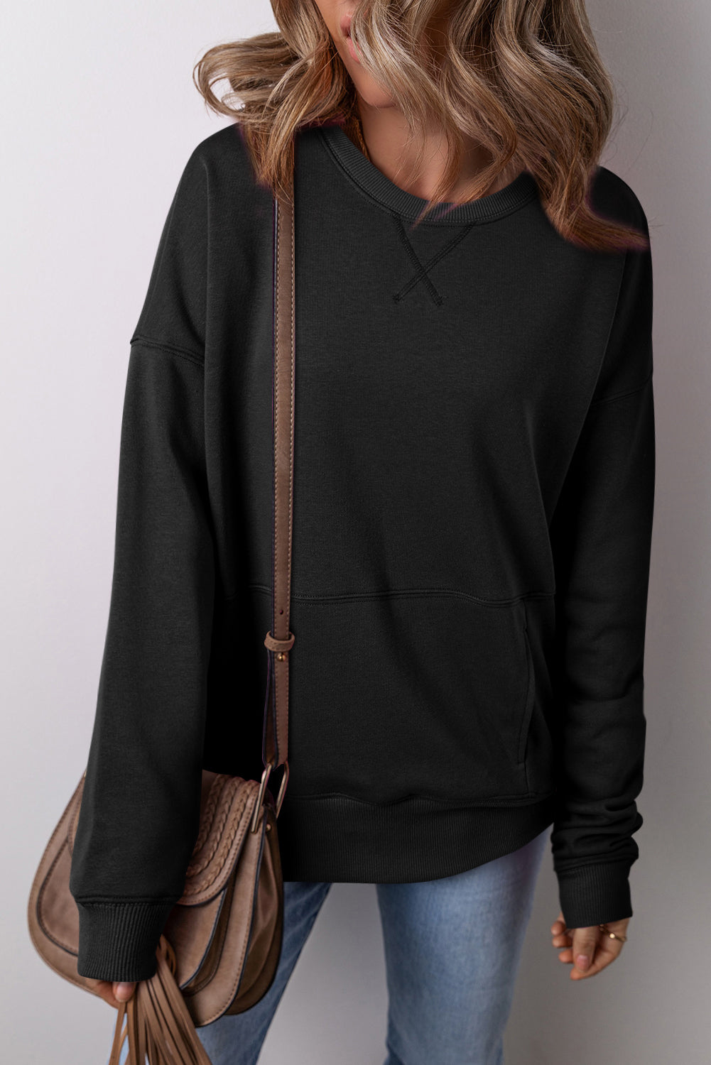 Womens Black Drop Shoulder Crisscross Stitching Pocketed Loose Sweatshirt