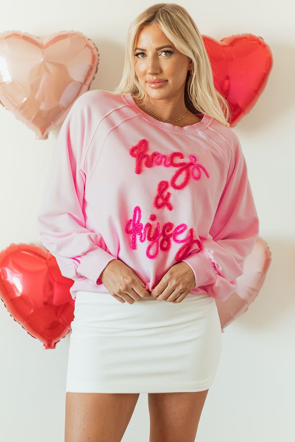 Womens Pink Hugs and Kisses Pop Up Embroidered Raglan Sleeve Sweatshirt