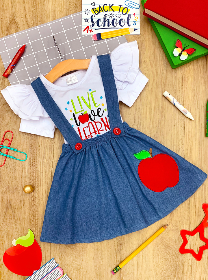 1st Day of School | Ruffled Top & Overall Skirt Set | Mia Belle Girls