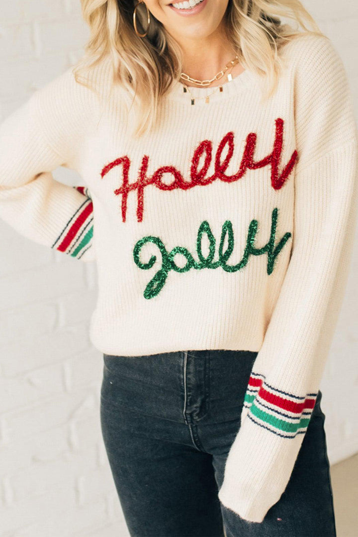 Womens Beige Cozy Holly Jolly Christmas Graphic Sweater