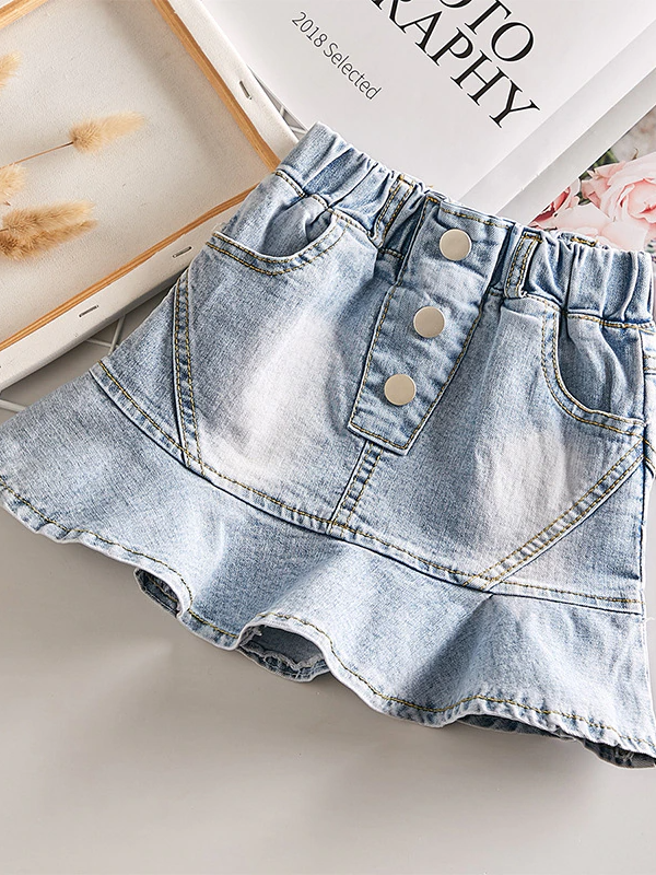 Kids Denim Clothes | Buttoned Ruffle Hem Denim Skirt | Mia Belle Girls