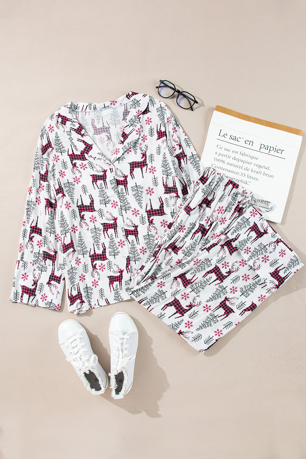 Womens White Christmas Printed Shirt and Pants Pajama Set