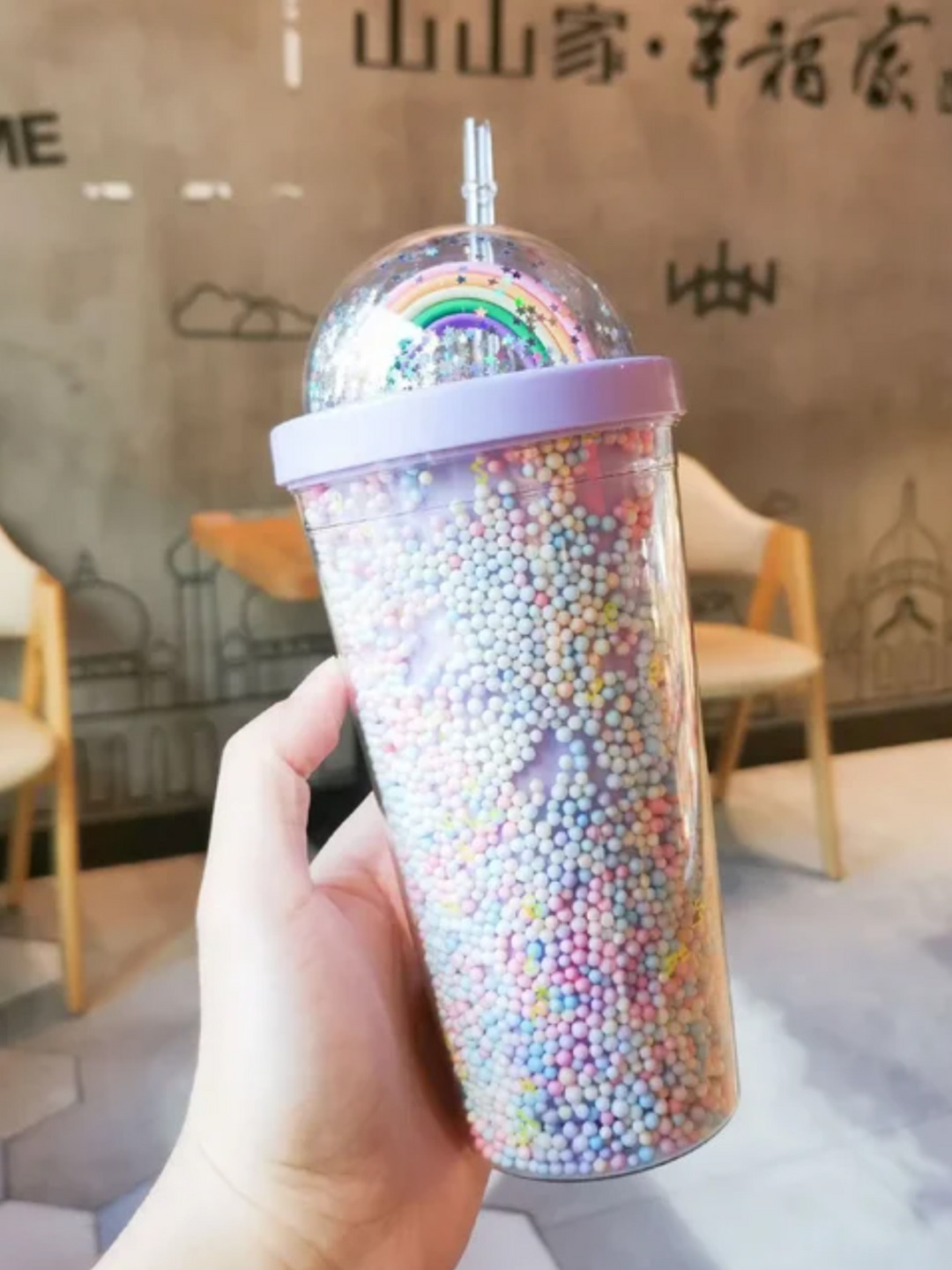 Girls Rainbow Sparkle Tumbler with Straw - Large Capacity Double Layer Cup